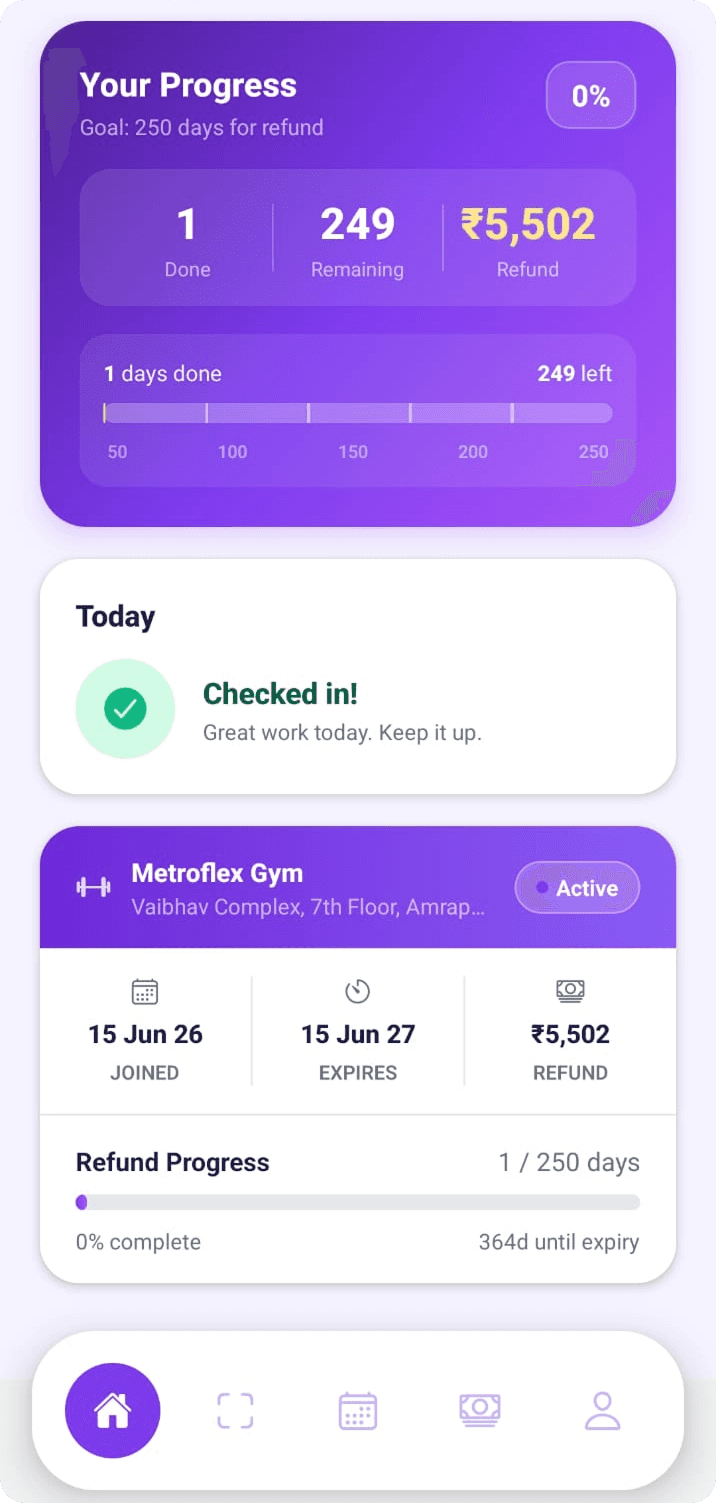 GYMpays app home screen showing attendance progress
